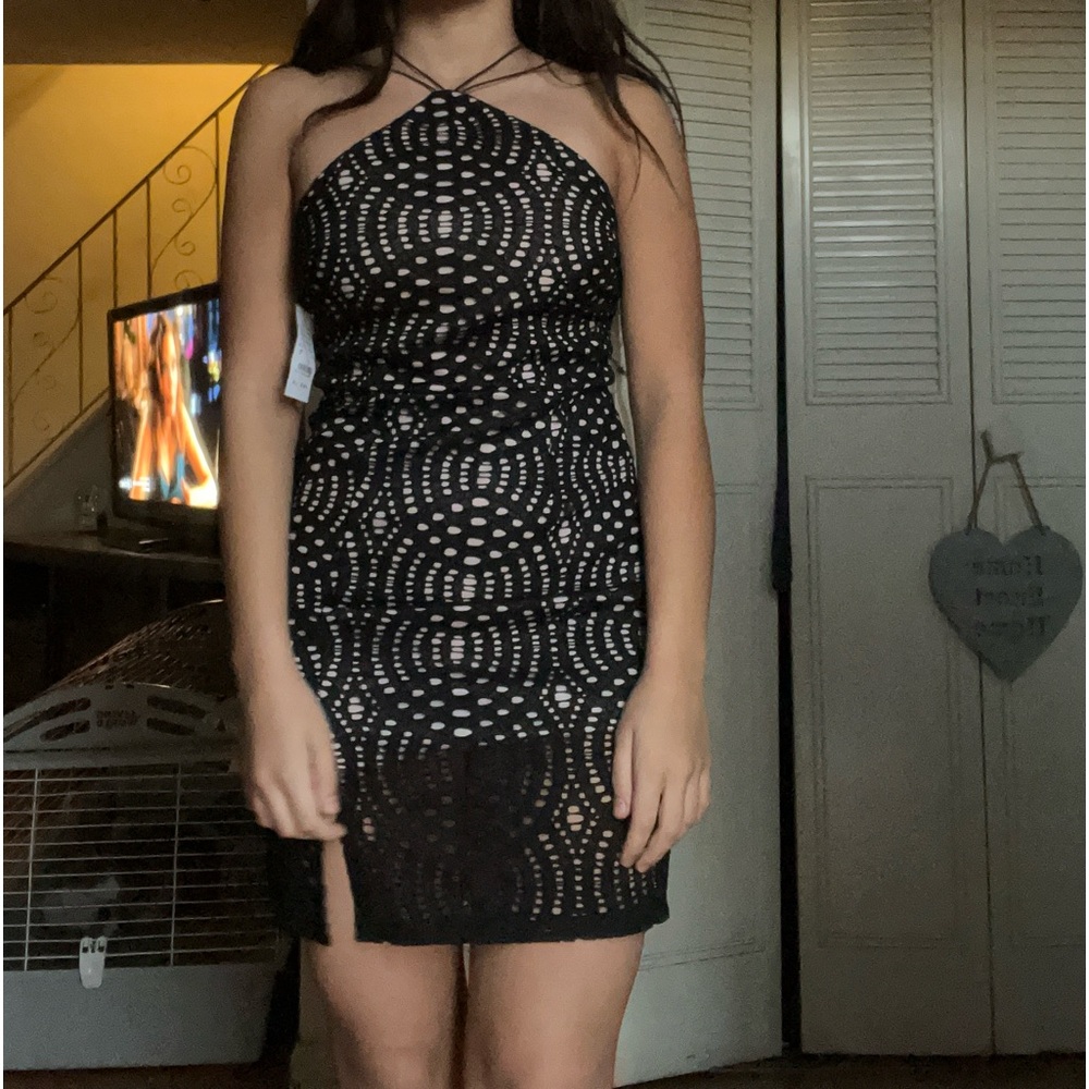 Black and tan, crochet halter, mini dress